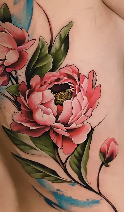 Watercolor color peonies back piece tattoo in Tel Aviv.
