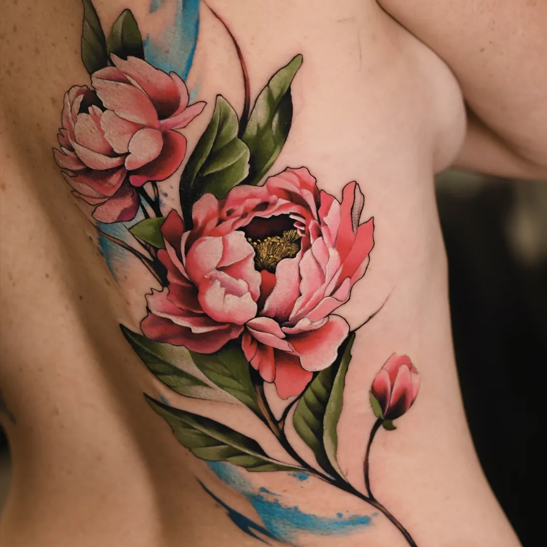 Color Watercolor back tatoo of Peonies by Mai zait at Serjo Tattoo Tel-aviv.