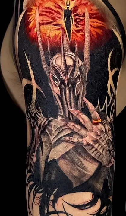 Color Realism arm tattoo of Sauron by Shiraz tal at Serjo Tattoo Tel-aviv.