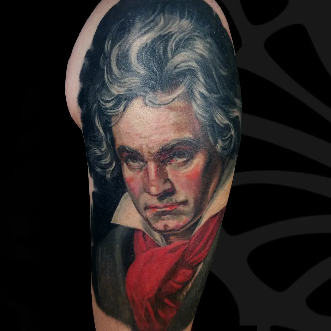 Color Realism arm tattoo of Bathoven portrait by Serjo bronfman at Serjo Tattoo Tel-aviv.
