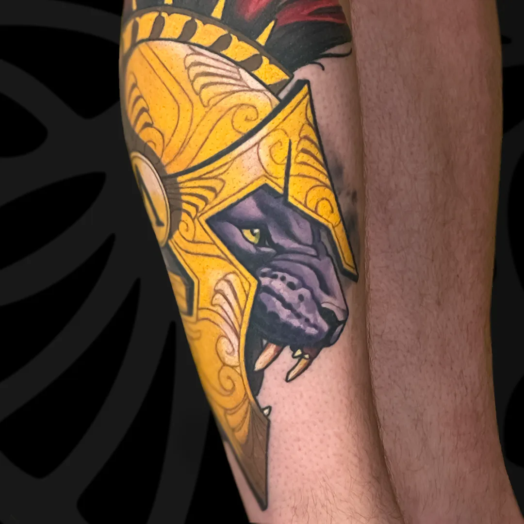 Color Neo-traditional leg tattoo of Spartan panther by Serjo bronfman at Serjo Tattoo Tel-aviv.