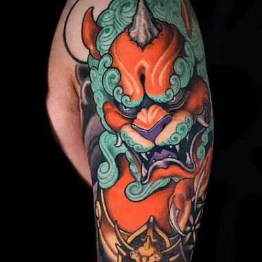Color Neo-japanese sleeve tattoo of Foodog by Serjo bronfman at Serjo Tattoo Tel-aviv.