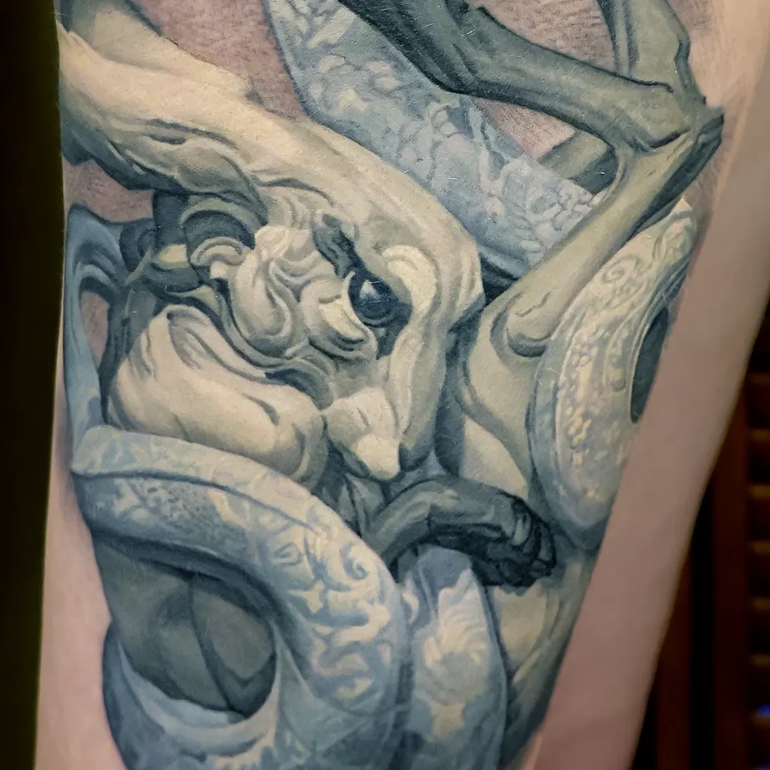 Color Realism thigh tattoo of a Rabbit  with a snake origenal art by Beth cavener by Serjo bronfman at Serjo Tattoo Tel-aviv.