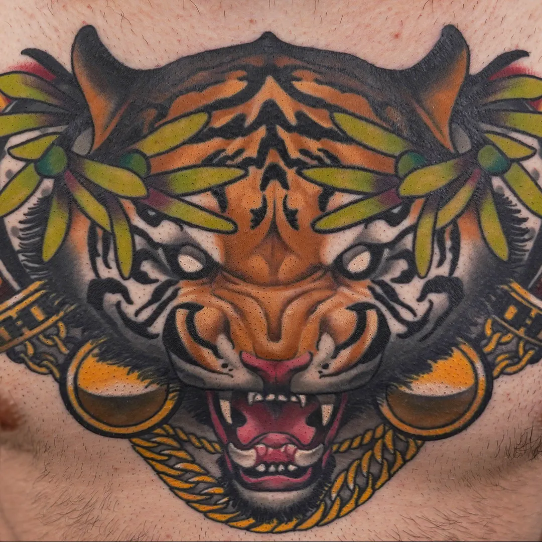 Color Neo-traditional chest tattoo of imperial tiger by Serjo bronfman at Serjo Tattoo Tel-aviv.