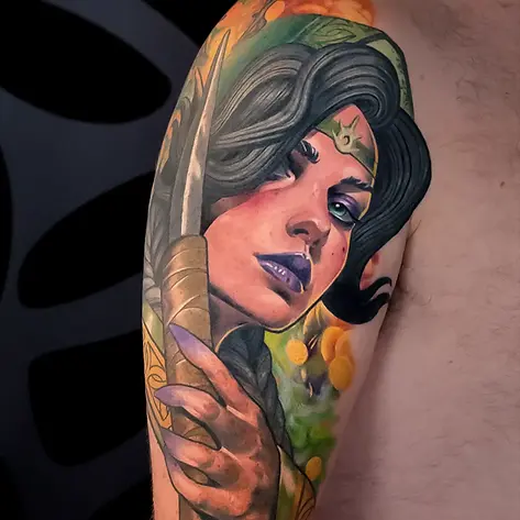 Neo-traditional color elf warrior cover-up arm tattoo in Tel Aviv.