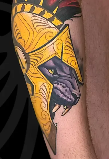 Color Neo-traditional leg tattoo of Spartan panther by Serjo bronfman at Serjo Tattoo Tel-aviv.