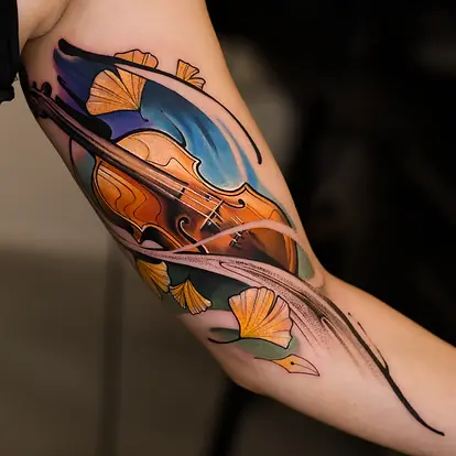 קעקוע צבעי מים צבעוני של כינור עם עלי סתיו על פנים הזרוע בתל אביב.