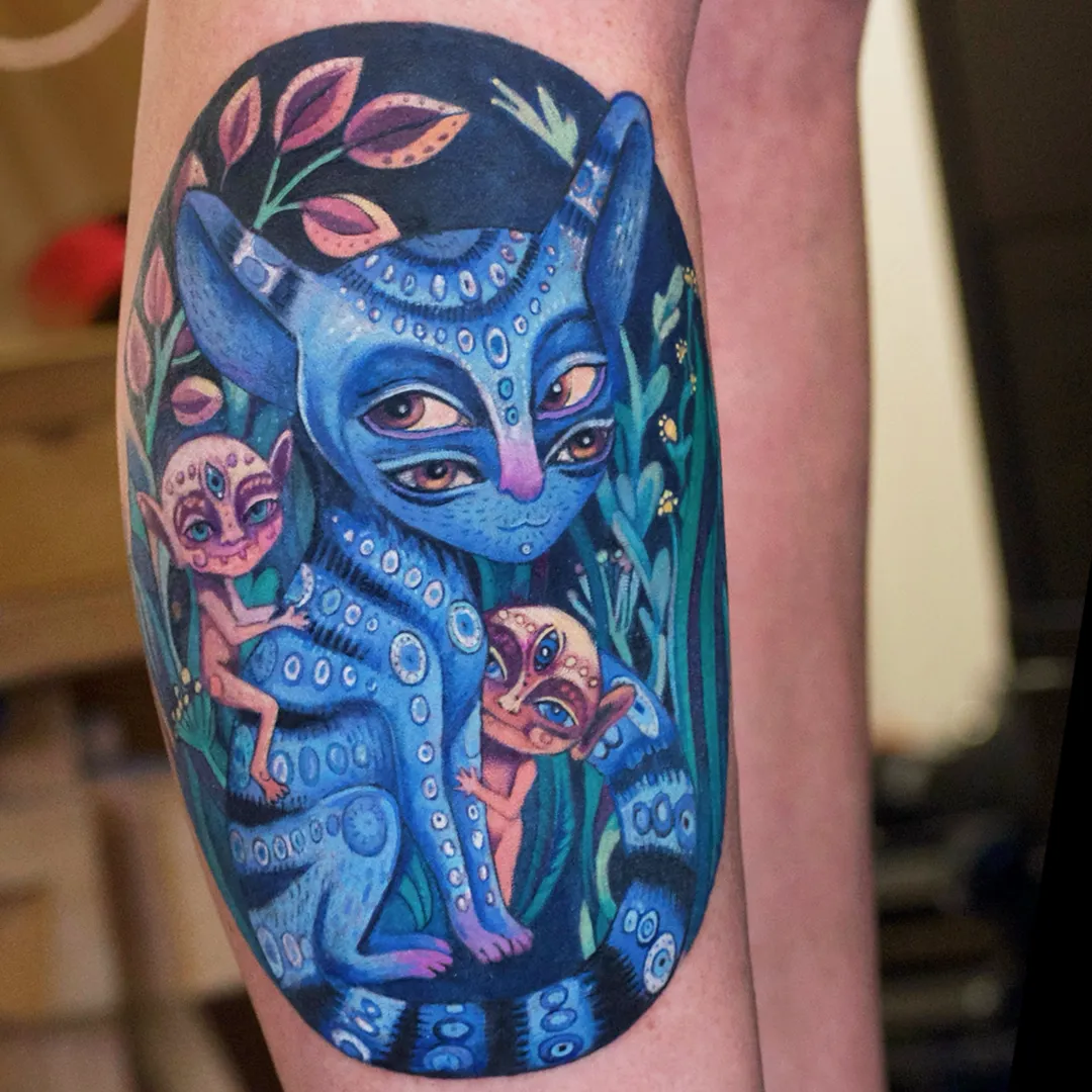 Color psy cat leg fantasy tattoo by Mai zait at Serjo Tattoo Tel-aviv.