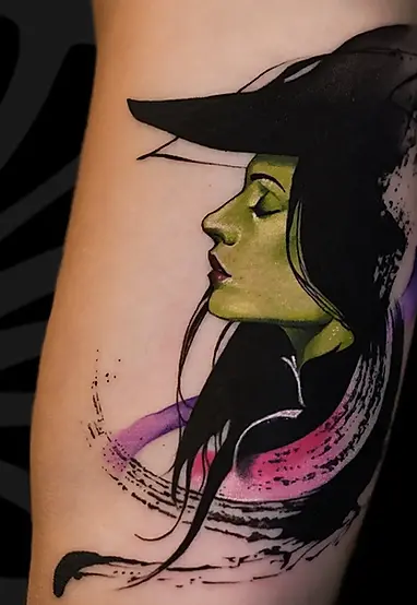 Color Watercolor arm tattoo of a Witch portrait by Mai zait at Serjo Tattoo Tel-aviv.