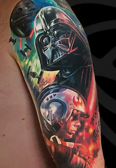 Color Realism arm tattoo of Darth vader Star wars by Mai zait at Serjo Tattoo Tel-aviv.