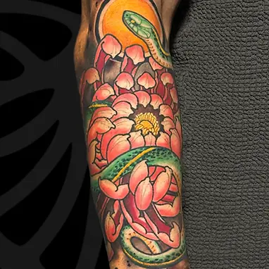 Color Neo-japanese arm tattoo of Snake and chrysanthemum by Serjo bronfman at Serjo Tattoo Tel-aviv.