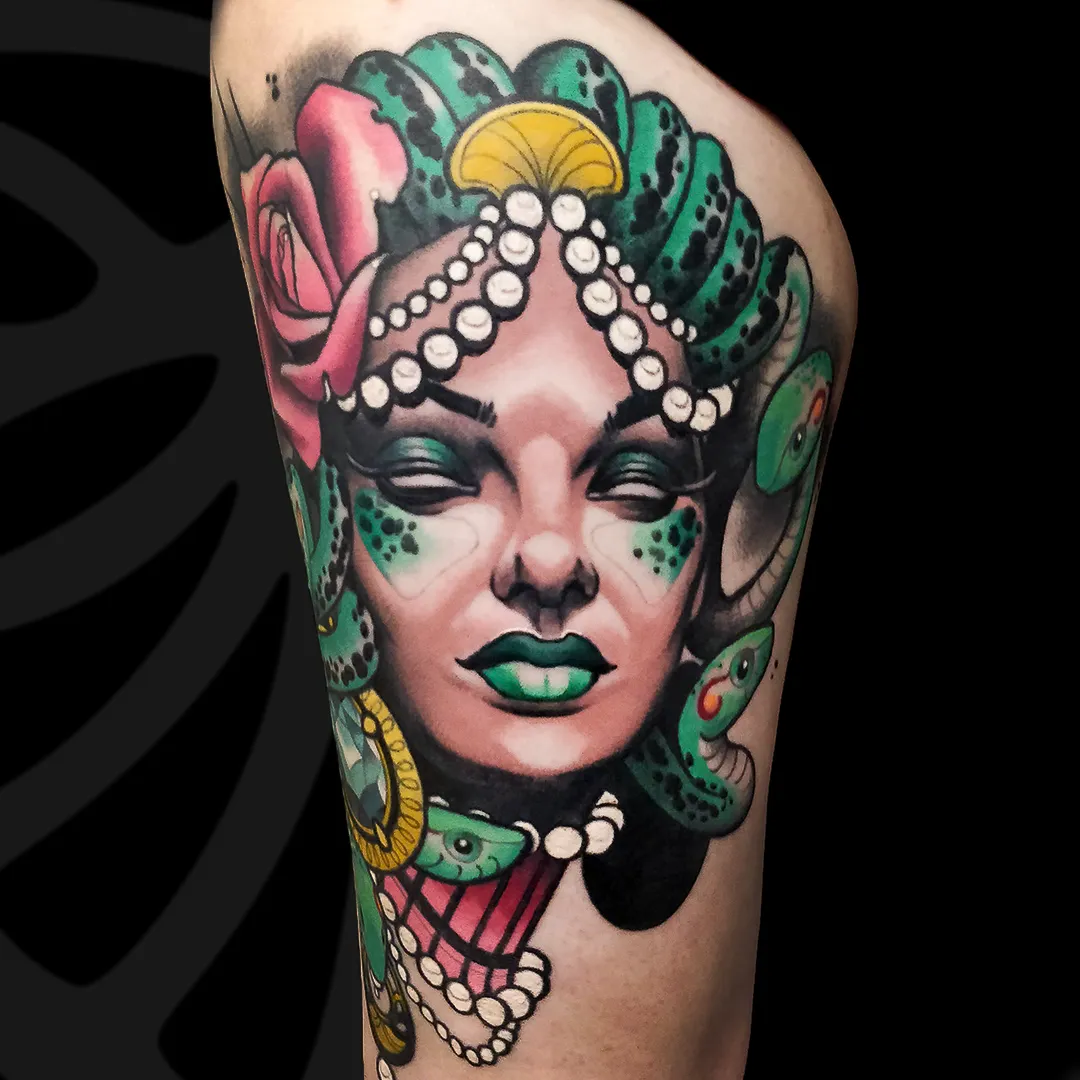 Color Neo-traditional lthigh tattoo of Medusa greek myth by Serjo bronfman at Serjo Tattoo Tel-aviv.