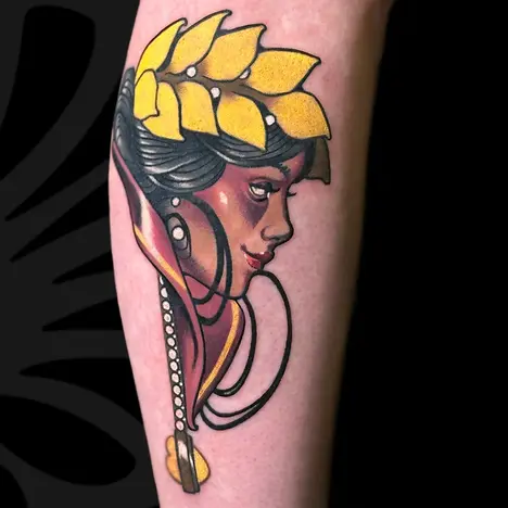 Color Neo-traditional leg tattoo of female portrait by Serjo bronfman at Serjo Tattoo Tel-aviv.