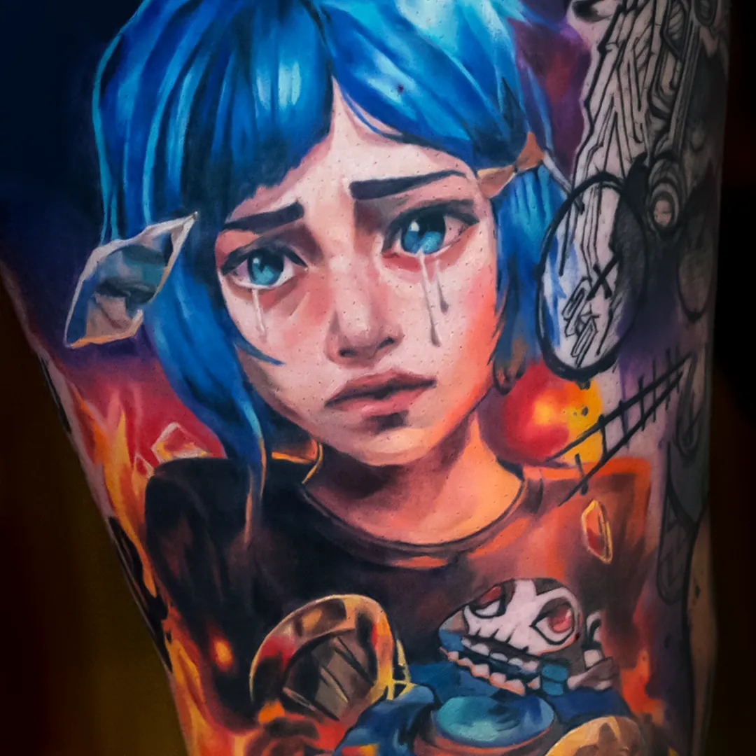Color Anime thigh tattoo of Jinx "league of legends" by Mai zait at Serjo Tattoo Tel-aviv.