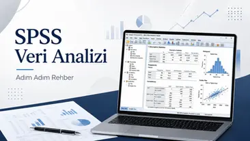 SPSS veri analizi rehberi kapak görseli: dizüstü bilgisayarda IBM SPSS çıktı ekranı, yanında grafik çıktıları ve “SPSS Veri Analizi Adım Adım Rehber” başlığı