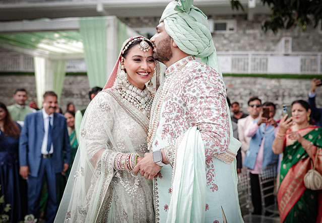 Bride and groom sharing an emotional first look as they meet during the ceremony.