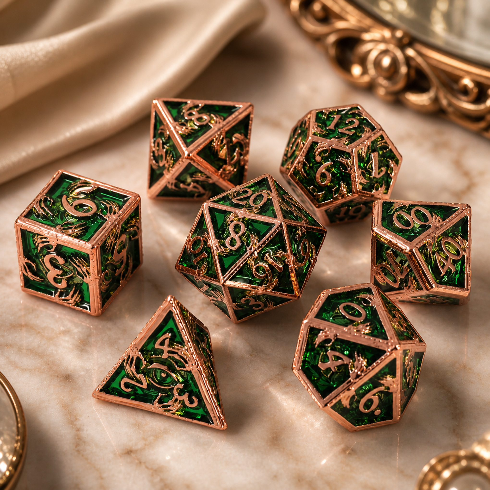 Gravehold Copper with Green Metal Dice Set