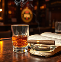 a whiskey in an old fashioned glass next to a smoking cigar resting on a cigar ash tray.jp