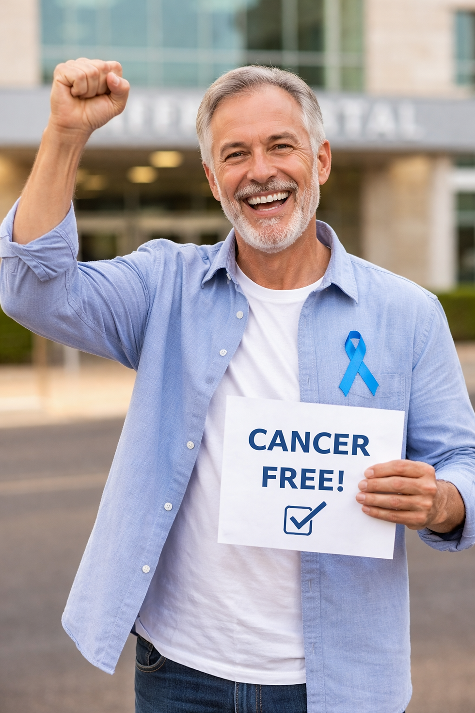 Homem de cerca de 60 anos, cabelos grisalhos e barba branca bem aparada, sorrindo amplamente em frente a um hospital. Ele levanta um dos braços em gesto de vitória e segura um cartaz com a frase “CANCER FREE!” e um símbolo de confirmação. Usa camisa azul clara sobre camiseta branca e um laço azul de conscientização no peito, transmitindo alegria e superação.