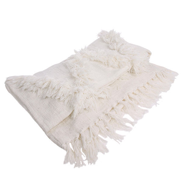 Miniatura: Plaid bianco tessuto a mano in cotone con frange.