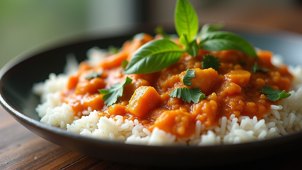 Close-up view of plated Thai curry with fresh herbs and rice