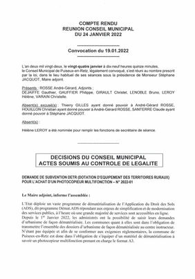 Information : Compte rendu Conseil Municipal du 24 Janvier 2022