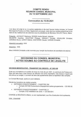 Information : Compte rendu Conseil Municipal du 15 Septembre 2021