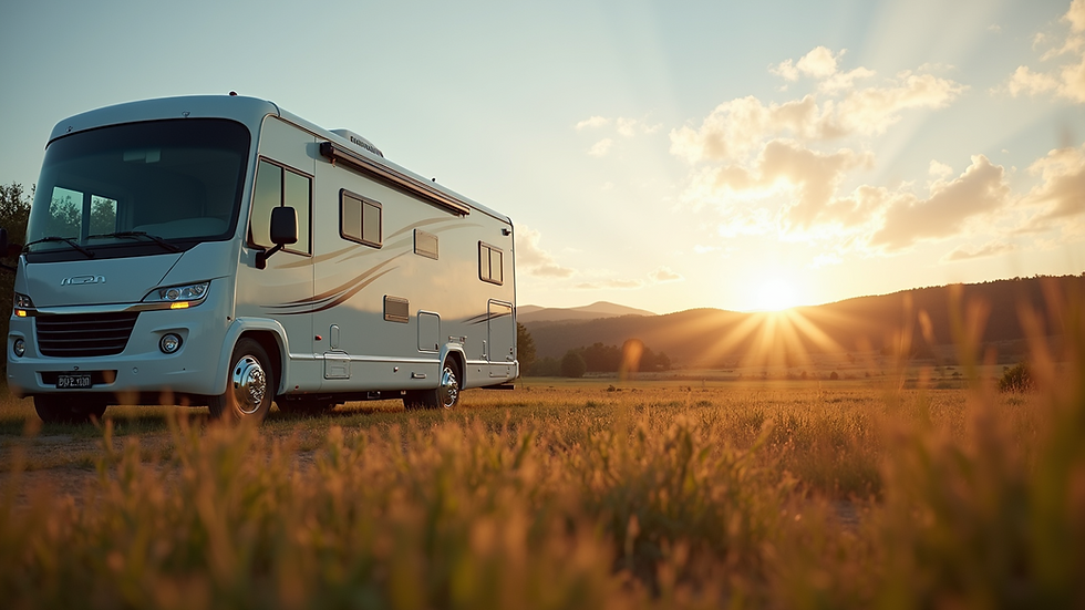 Eye-level view of a modern RV parked in a scenic countryside location