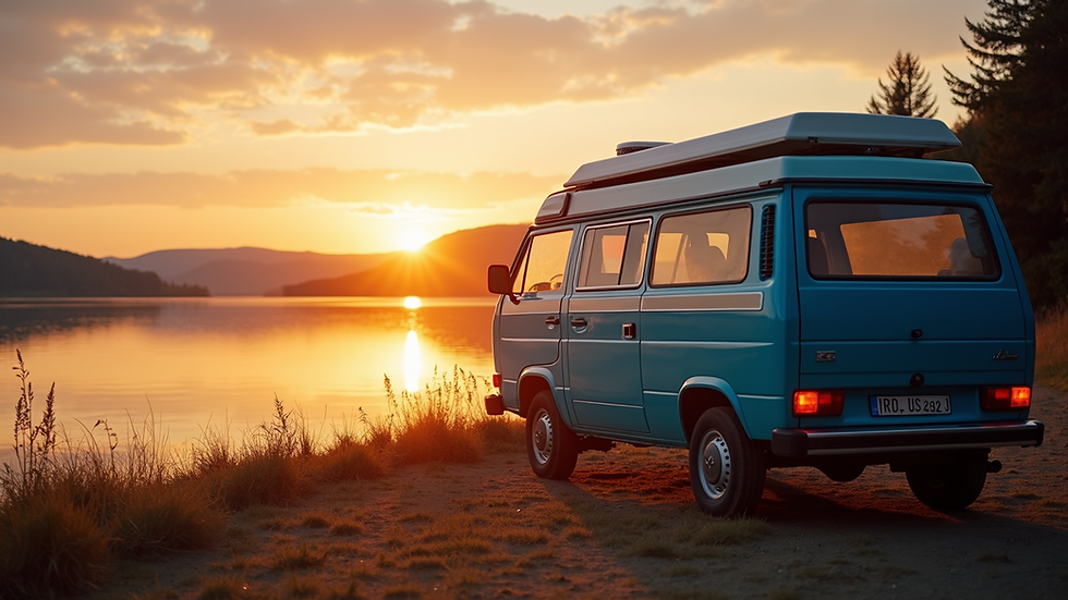High angle view of a campervan parked near a lake at sunset
