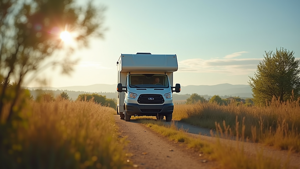 Eye-level view of a motorhome parked in a scenic countryside