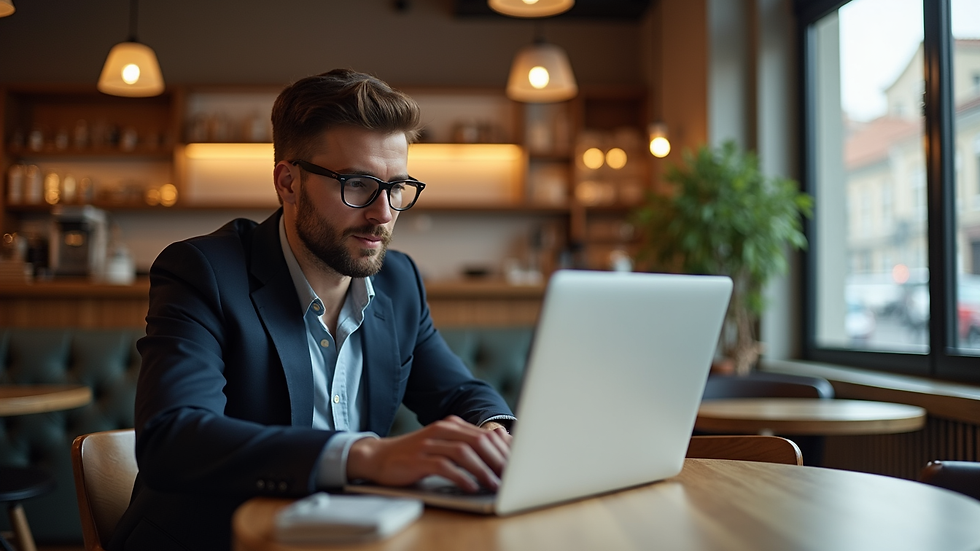 Vue rapprochée d’un entrepreneur travaillant sur un ordinateur portable dans un café