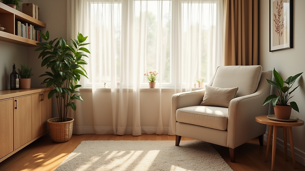 Eye-level view of a cozy therapy room with a comfortable chair and soft lighting