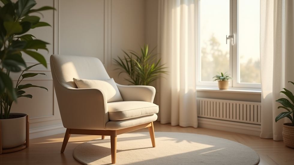Close-up view of a calm therapy room with a comfortable chair and soft lighting