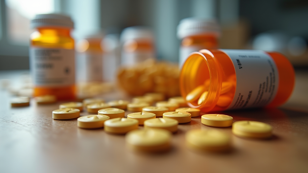 Close-up view of prescription medication bottles on a wooden table