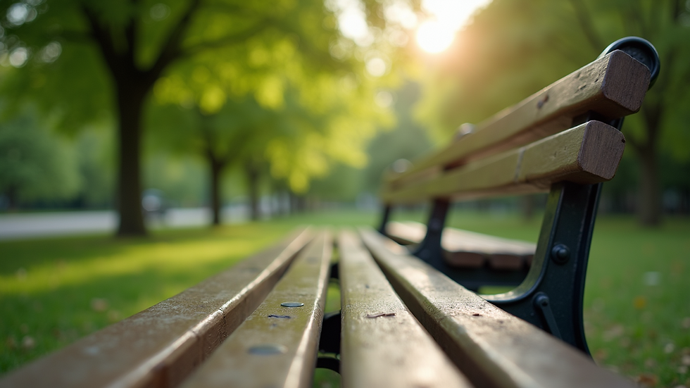 Eye-level view of a peaceful park bench surrounded by green trees