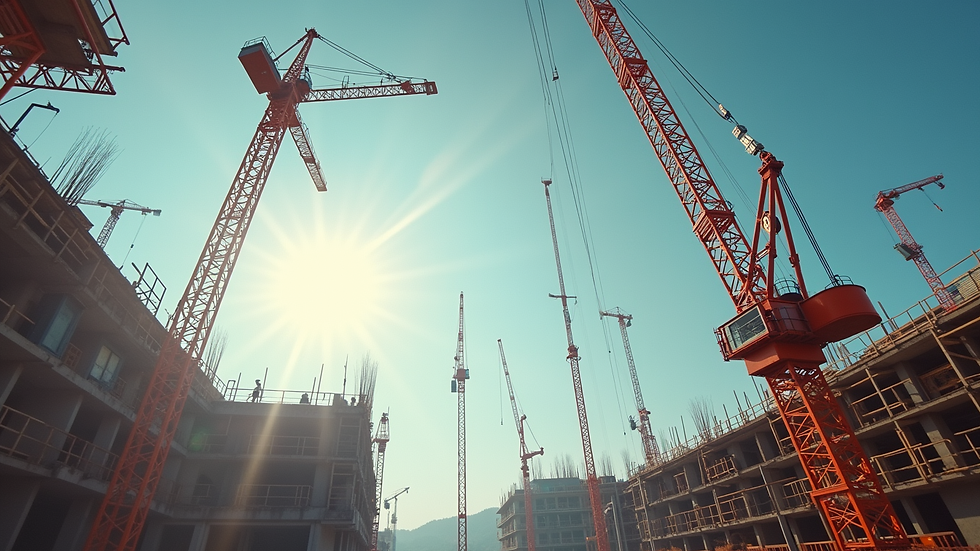Eye-level view of a construction site with cranes and workers coordinating