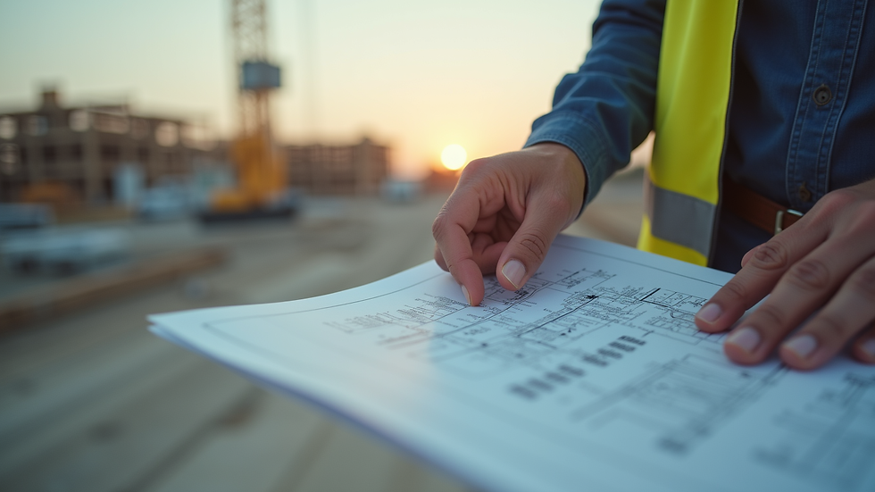Close-up view of an inspector reviewing construction blueprints on site