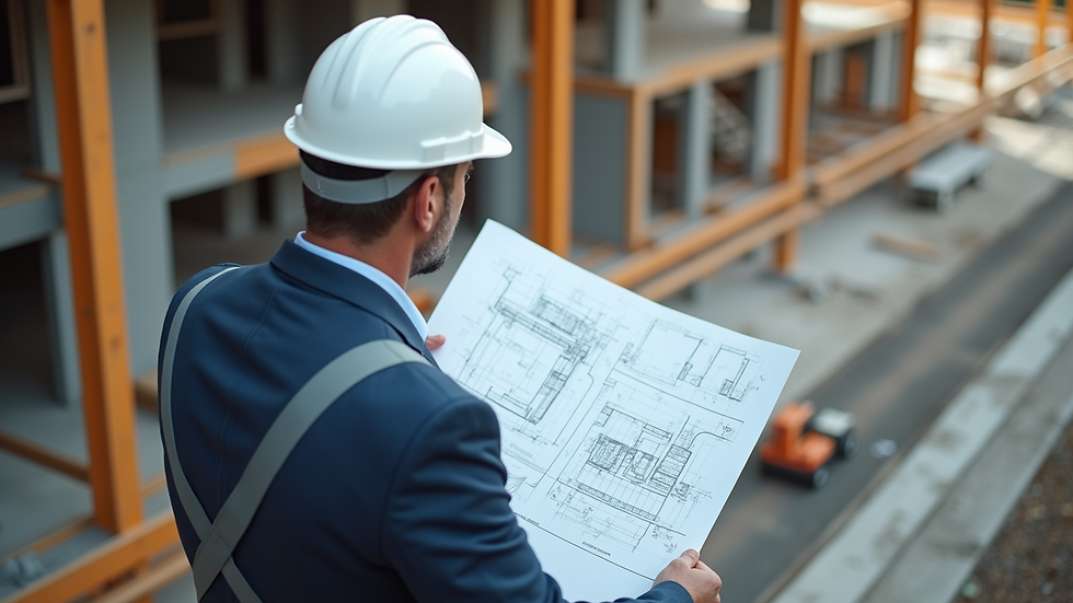High angle view of a consultant reviewing blueprints on a construction site