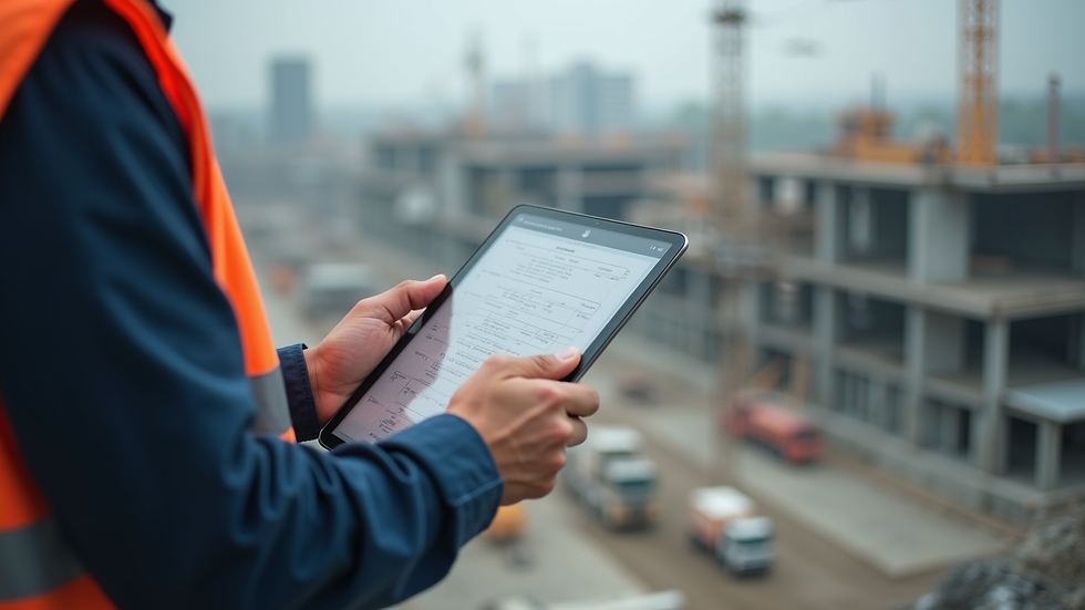 Close-up view of an inspector using a digital tablet to record inspection data on a construction site