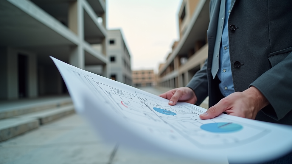 Eye-level view of a structural engineer reviewing blueprints on a construction site