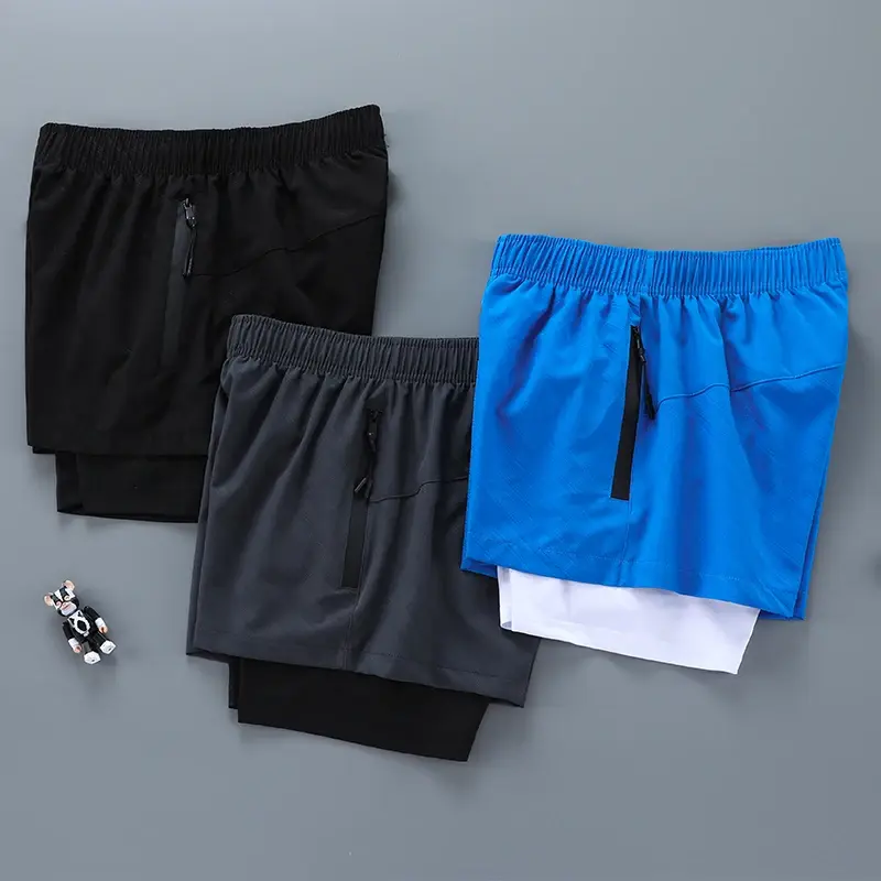2 in 1 Men Running Sweatpants With Zipper Pockets Jogging Athletics Sweat Shorts