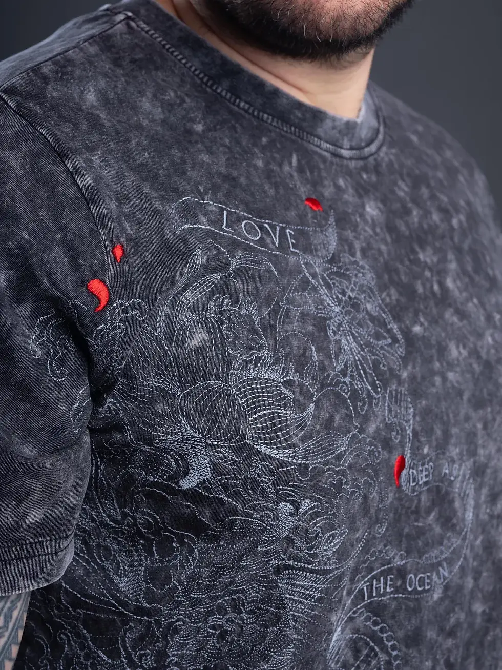 Thumbnail: Japanese Koi Fish Embroidered T-Shirt | Acid Wash Streetwear Tee