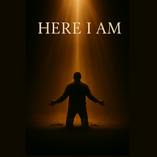 Silhouette with hands lowered and broken chains falling, symbolizing freedom and surrender for the song “Here I Am.”