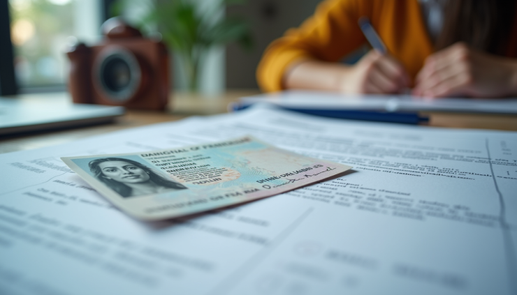 Gwo plan yon kat idantite imigran ak dokiman legal sou yon tab