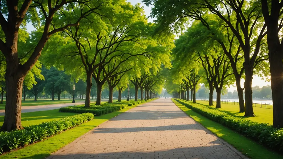 Wide angle view of a serene park pathway between trees