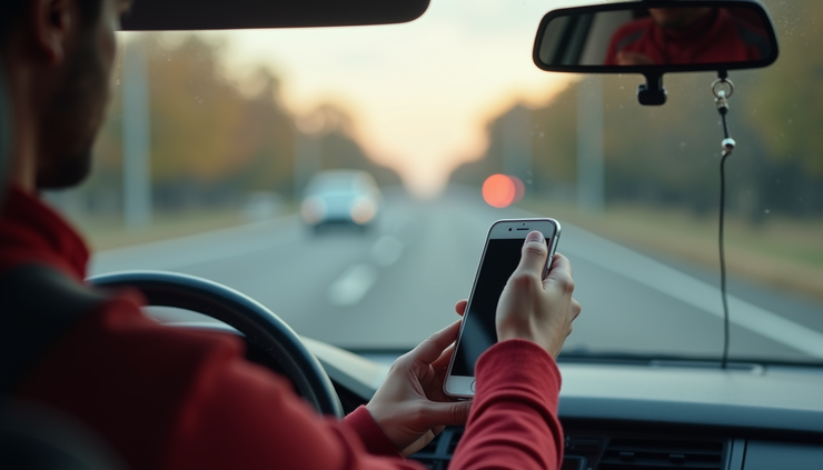 Gade nan nivo je sou yon chofè k ap itilize telefòn li pou rapòte yon aksidan pandan y ap kondwi pou yon sèvis livrezon