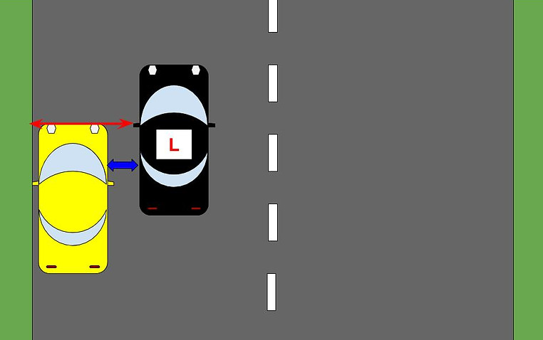 Parallel park, showing where to drive forward to, befoe reversing