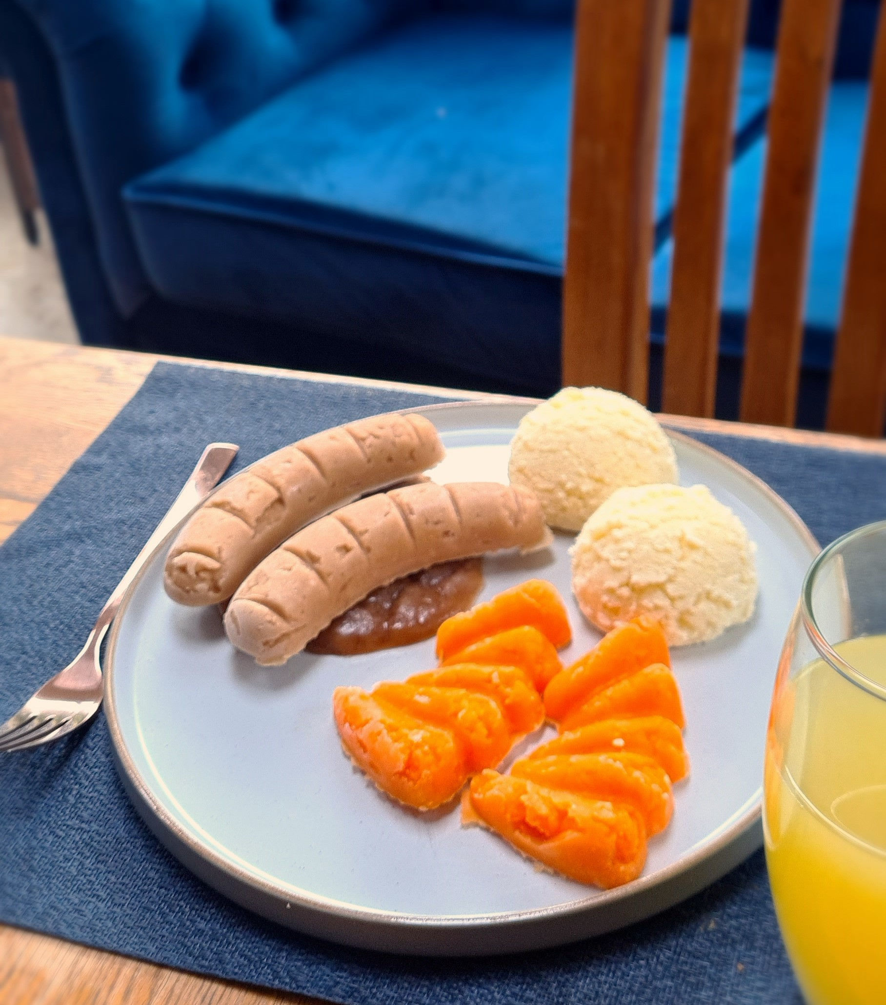 Pureed Pork Sausages in Onion Gravy