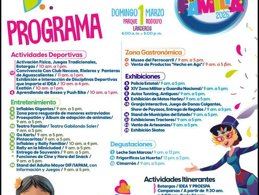 Este domingo 1º de marzo te esperamos en el Parque Rodolfo Landeros para celebrar el Día de la Familia en un ambiente de confianza, alegría y sana convivencia