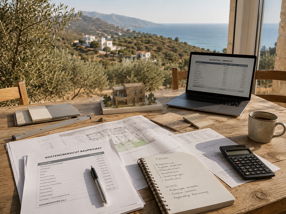 Construction cost planning for a project in Greece with architectural plans, laptop and cost overview.